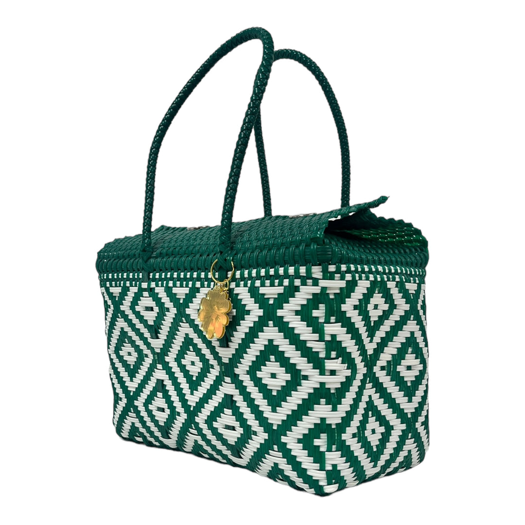 Forest Green & White Large Basket | Handwoven Recycled Bag | Be Praia