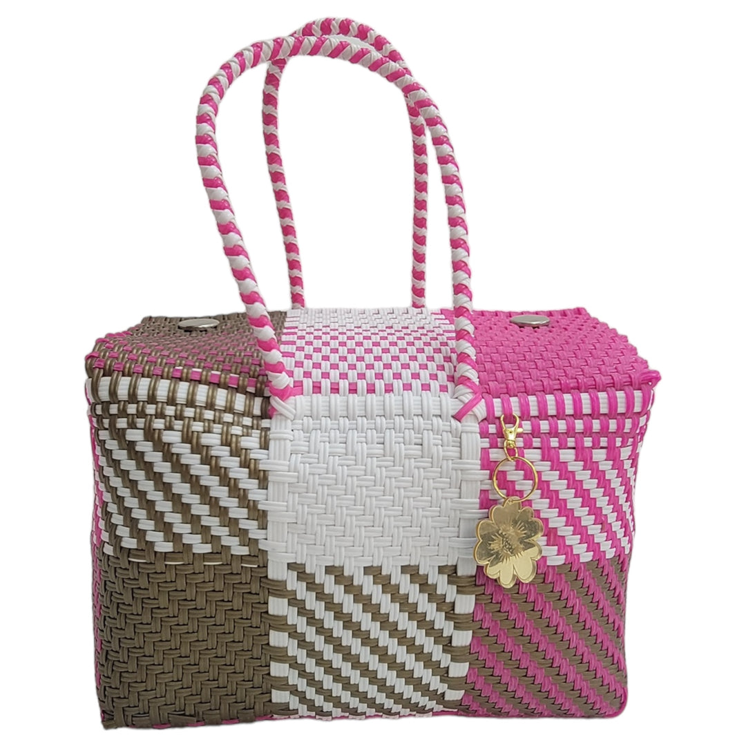 Fuschia, White & Gold Large Basket | Handwoven Recycled Bag | Be Praia