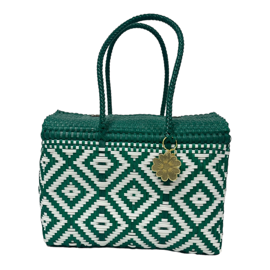 Forest Green & White Large Basket | Handwoven Recycled Bag | Be Praia