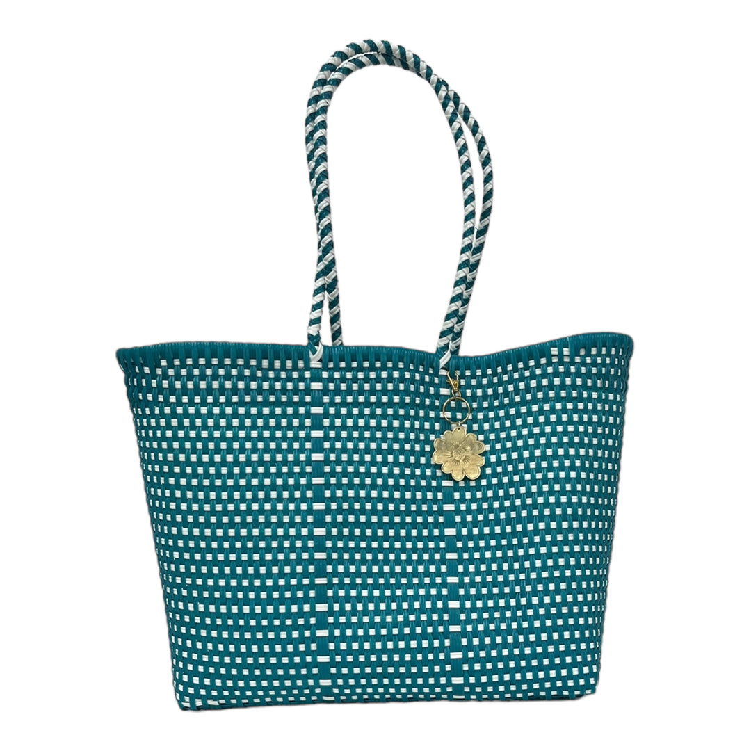 Turquoise & White details Large Tote | Handwoven Recycled Bag | Be Praia