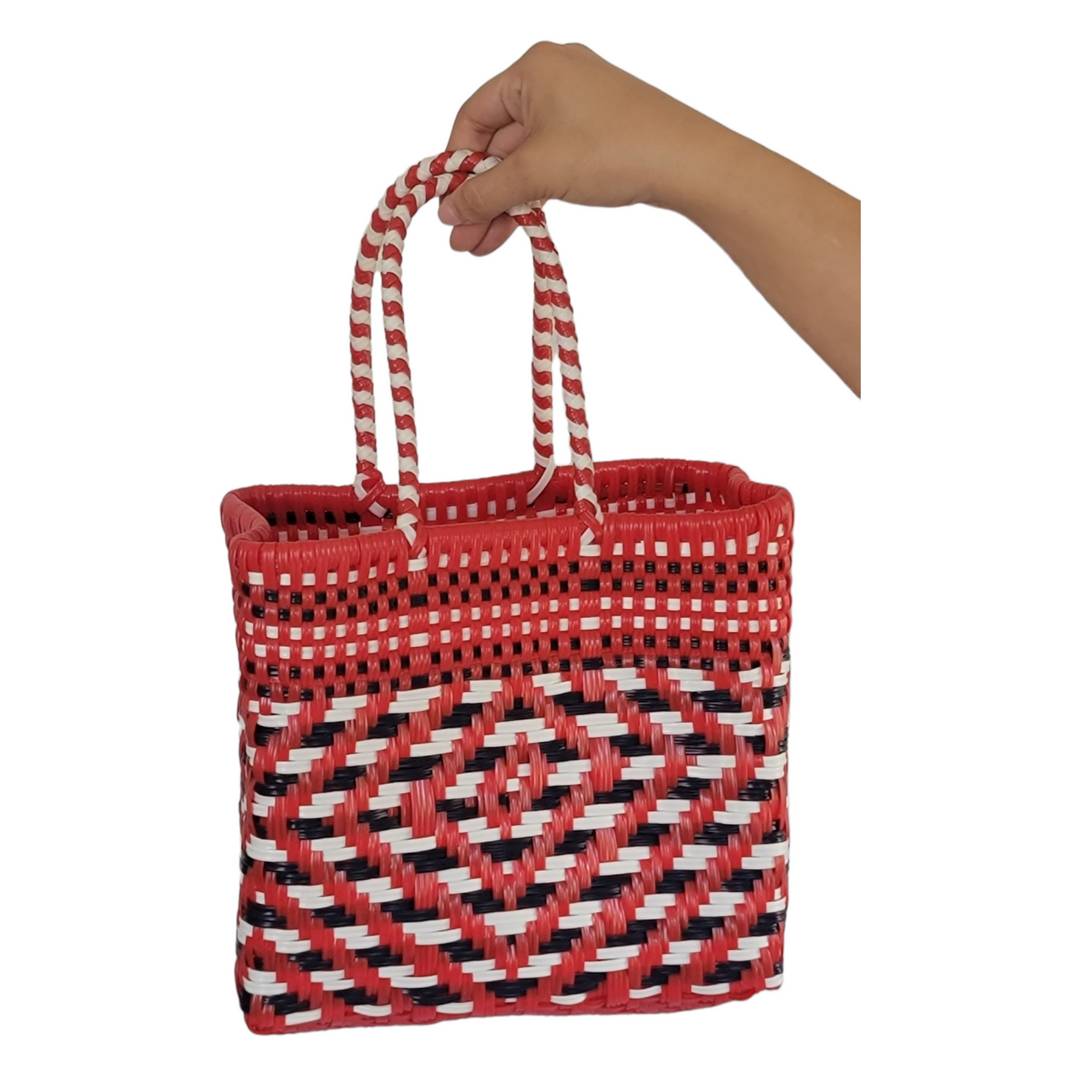 Red with Black & White Details Mini Tote | Handwoven recycled bags