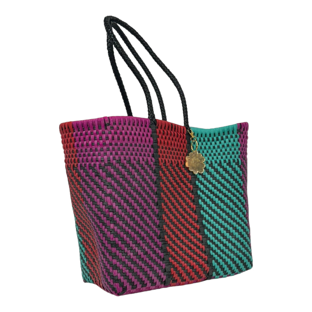 Magenta, Mint, Black & Red Medium Tote | Handwoven Recycled Bags | Be Praia