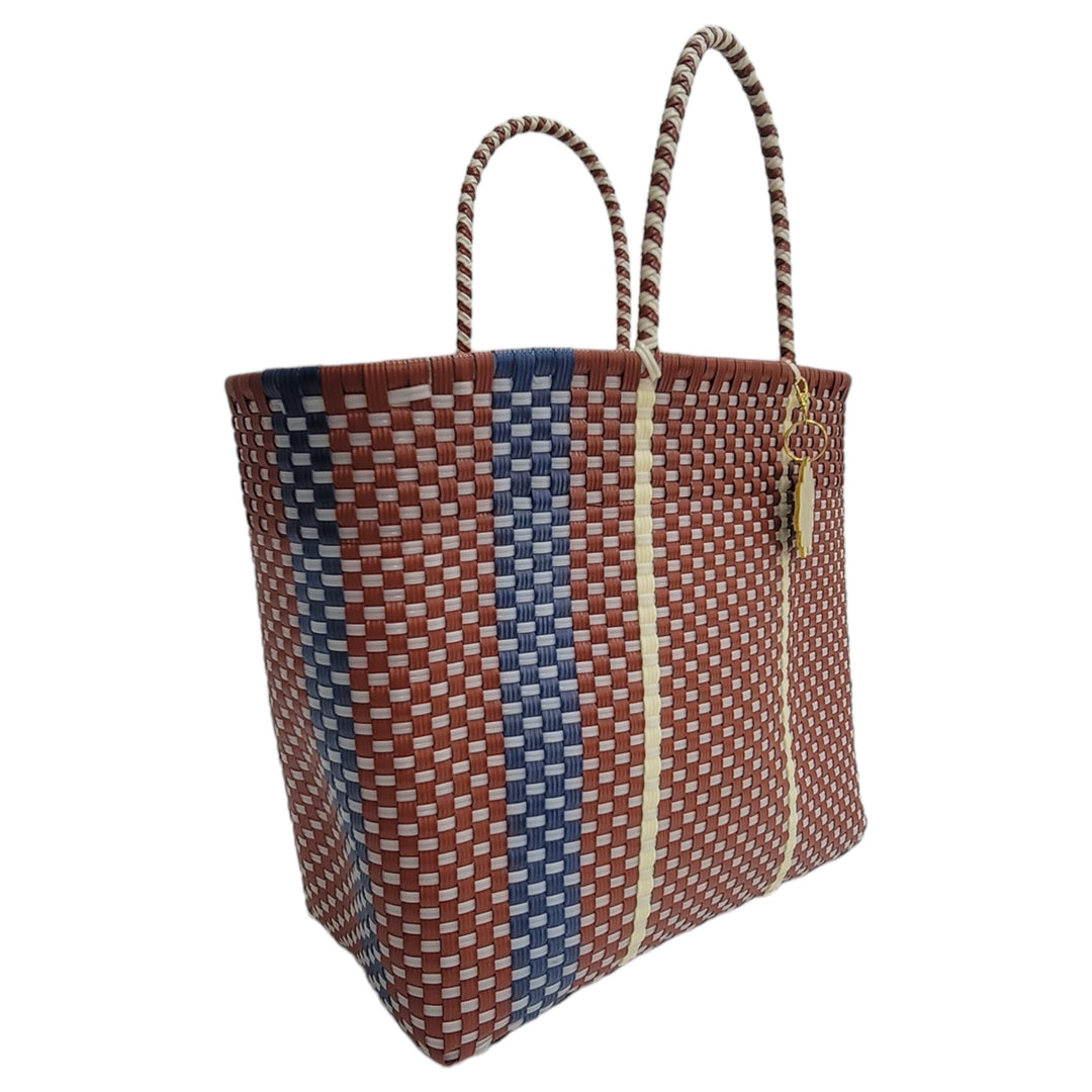 Wine, Blue & Cream details Large Tote | Handwoven Recycled Bag | Be Praia