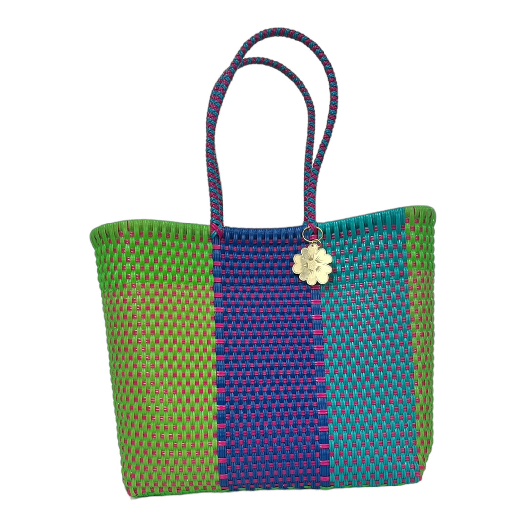 Neon Green, Royal Blue, Turquoise & Fuschia details Medium Tote | Handwoven Recycled Bags | Be Praia