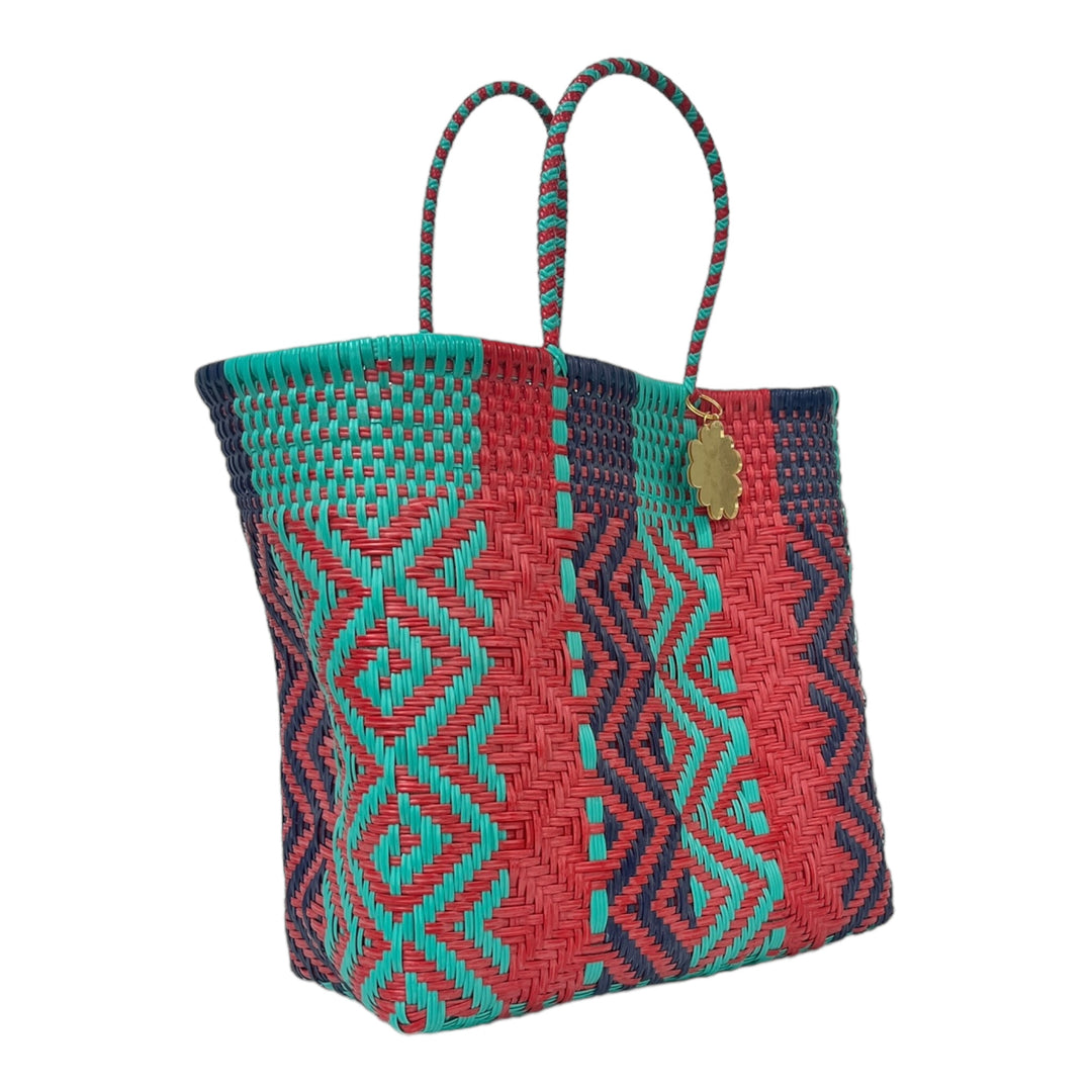 Mint, Navy Blue & Red Large Tote | Handwoven Recycled Bag | Be Praia