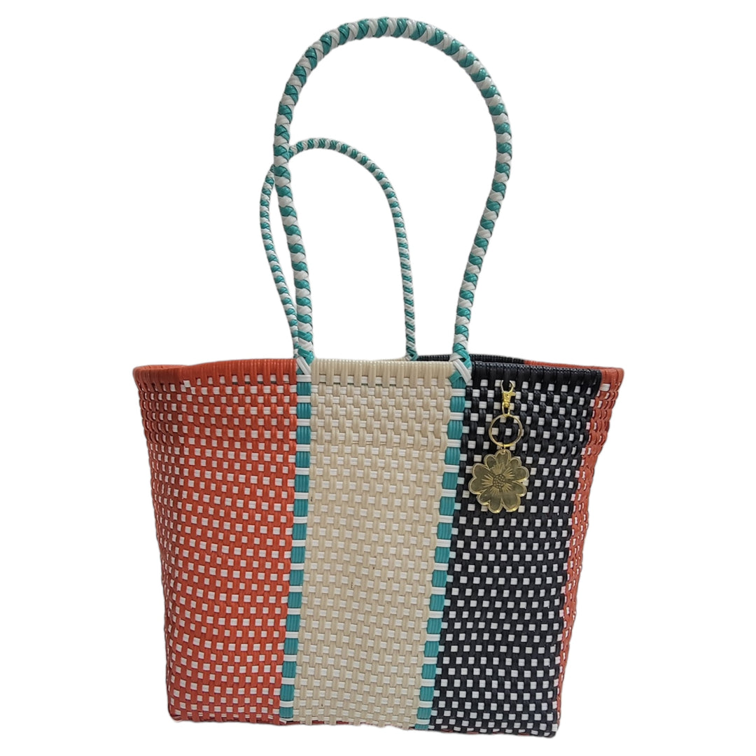 Orange, Black, Cream & Turquoise details Medium Tote | Handwoven Recycled Bags | Be Praia