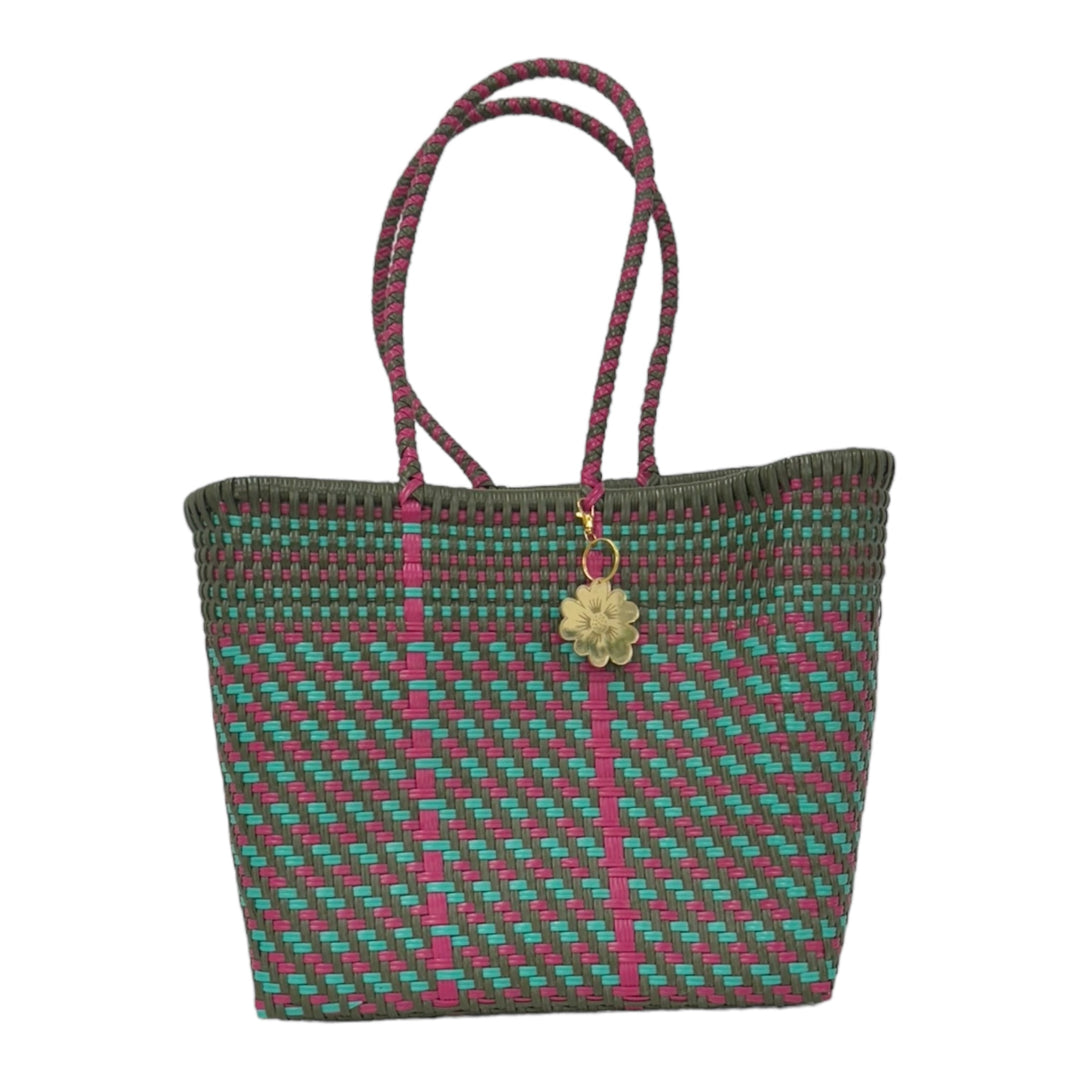 Green Olive, Pink & Turquoise Medium Tote | Handwoven Recycled Bags | Be Praia