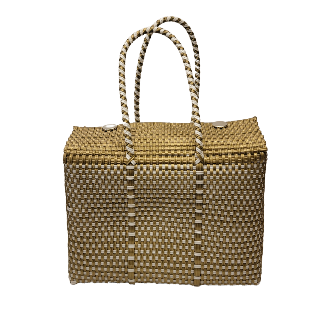 Be Praia | Gold with White Details Large Basket | Eco-Friendly Handwoven Bag