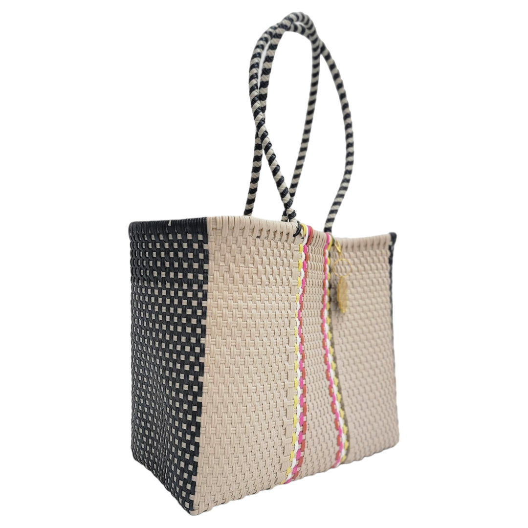 Cream, Black & Yellow, Pink, White, Gold Details Medium Tote | Handwoven Recycled Bags | Be Praia