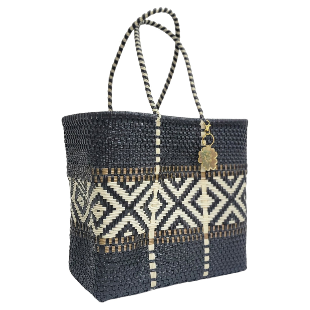 Black, Gold & White Medium Tote | Handwoven Recycled Bags | Be Praia