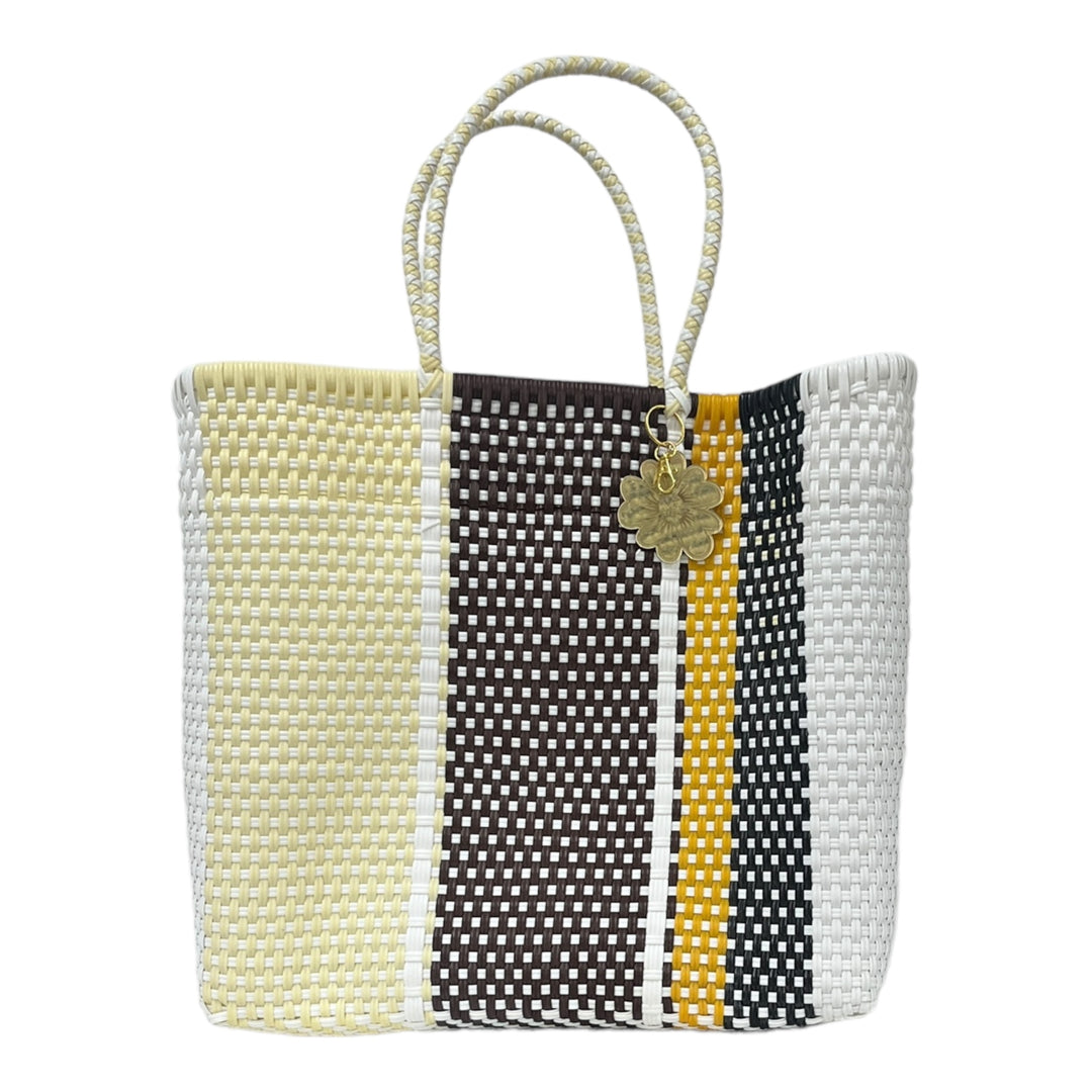 Cream, White, Brown, Black & Mustard Large Tote | Handwoven Recycled Bag | Be Praia