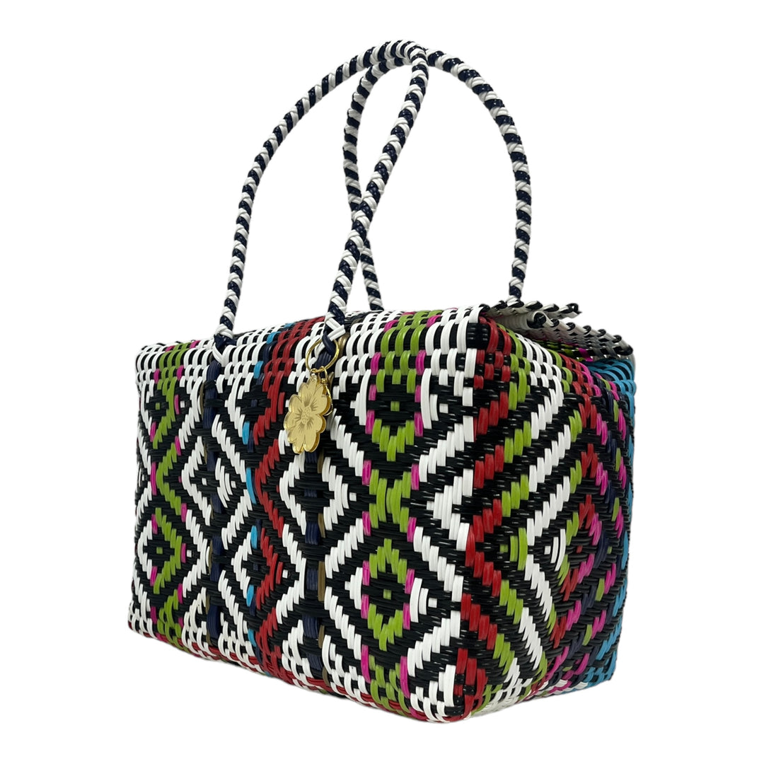 White, Black, Red, Green & Blue/Pink details Large Basket | Handwoven Recycled Bag | Be Praia