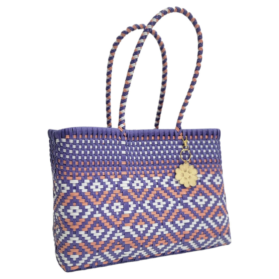 Violet, White & Salmon Small Tote Short Handle | Handwoven Recycled Bags | Be Praia