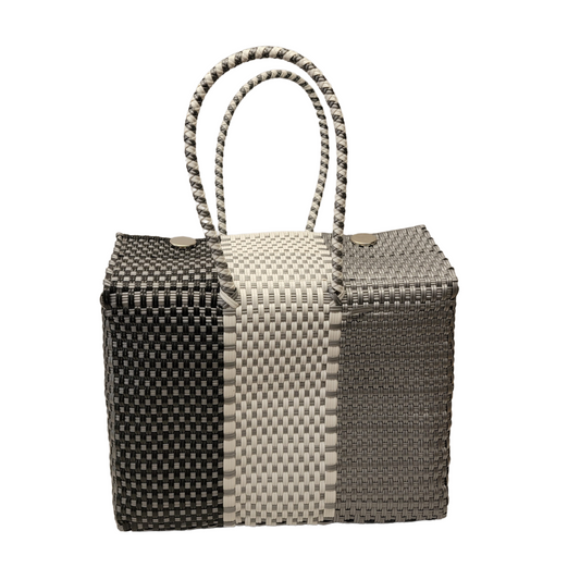 Be Praia | Black, White & Silver Large Basket | Eco-Friendly Handwoven Bag