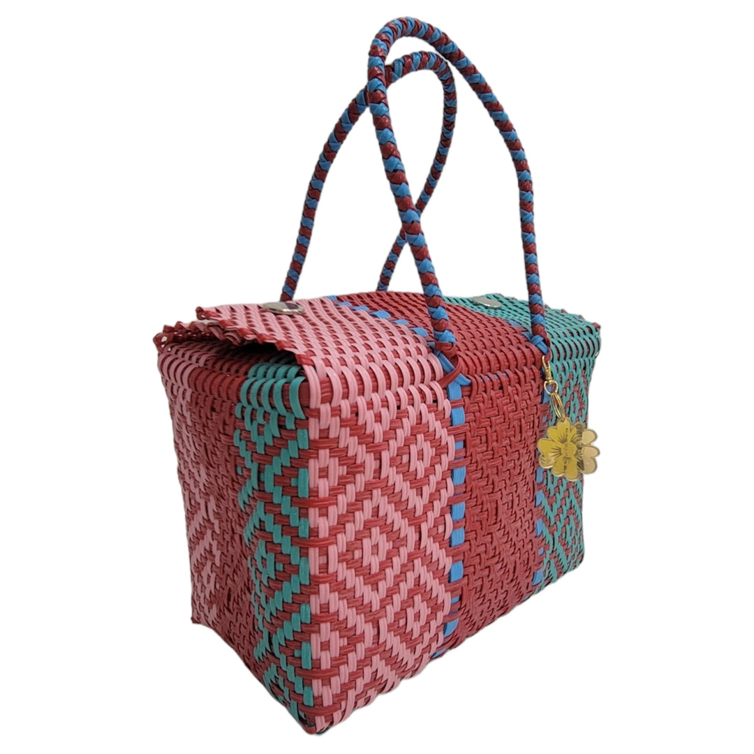 Red, Turquoise & Navy Blue XL Basket | Handwoven Recycled Bag | Be Praia