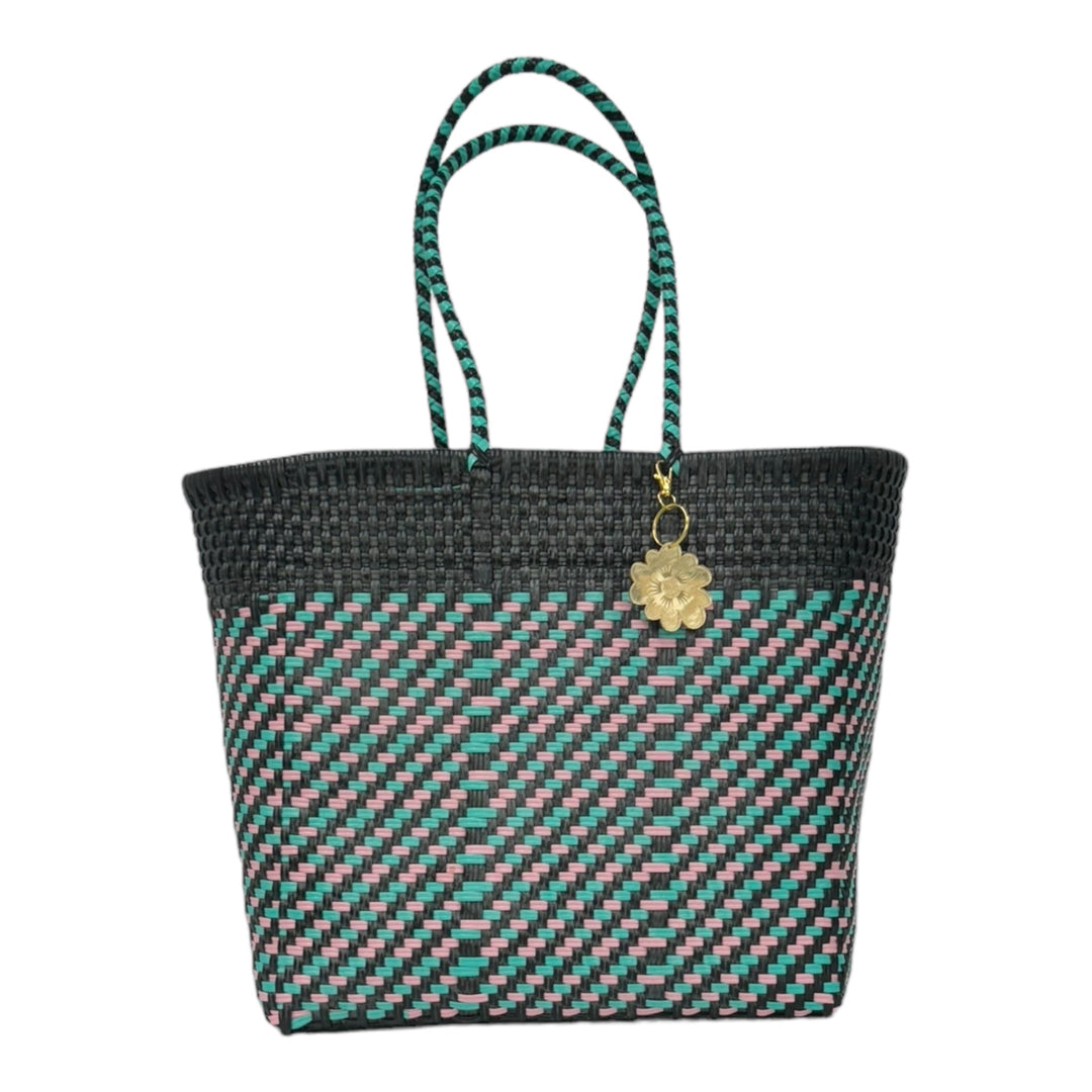 Black, Pink and Mint Medium Tote | Handwoven Recycled Bags | Be Praia