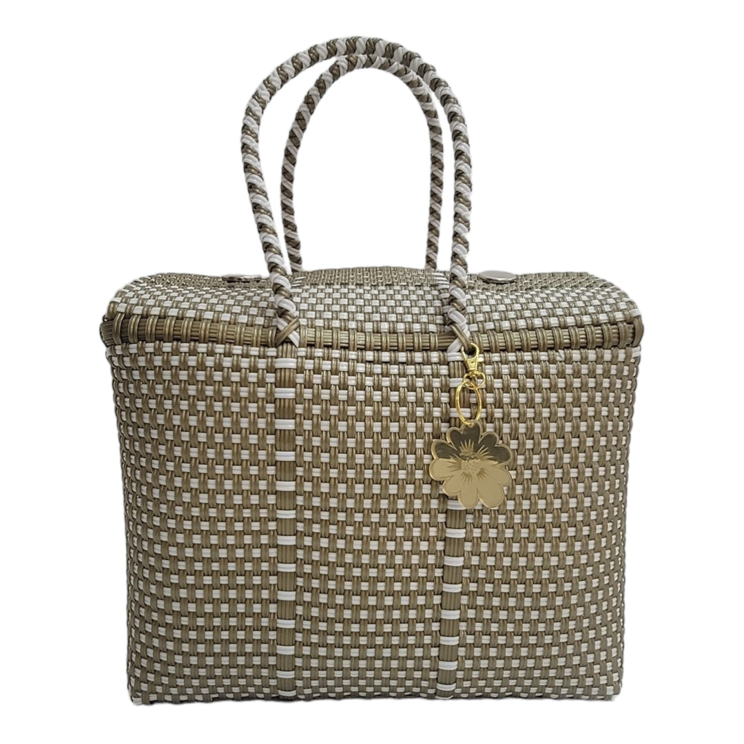 Gold & White details Large Basket | Handwoven Recycled Bag | Be Praia