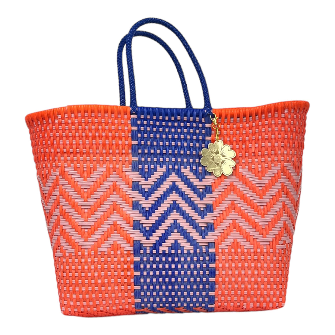 Neon Orange, Royal Blue and Peach details Large Tote | Handwoven Recycled Bag | Be Praia