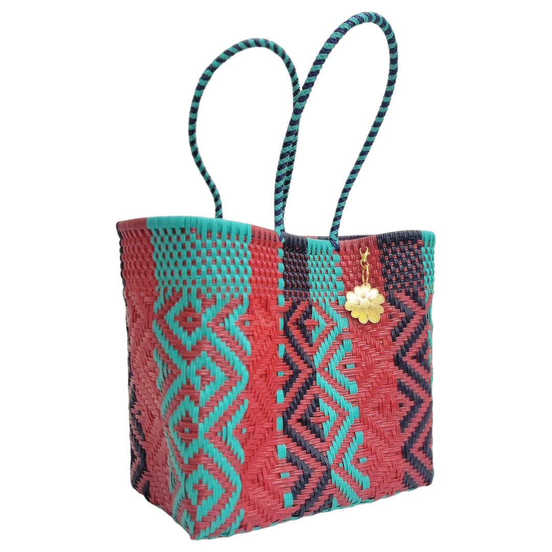 Mint, Red & Navy Blue Medium Tote | Handwoven Recycled Bags | Be Praia