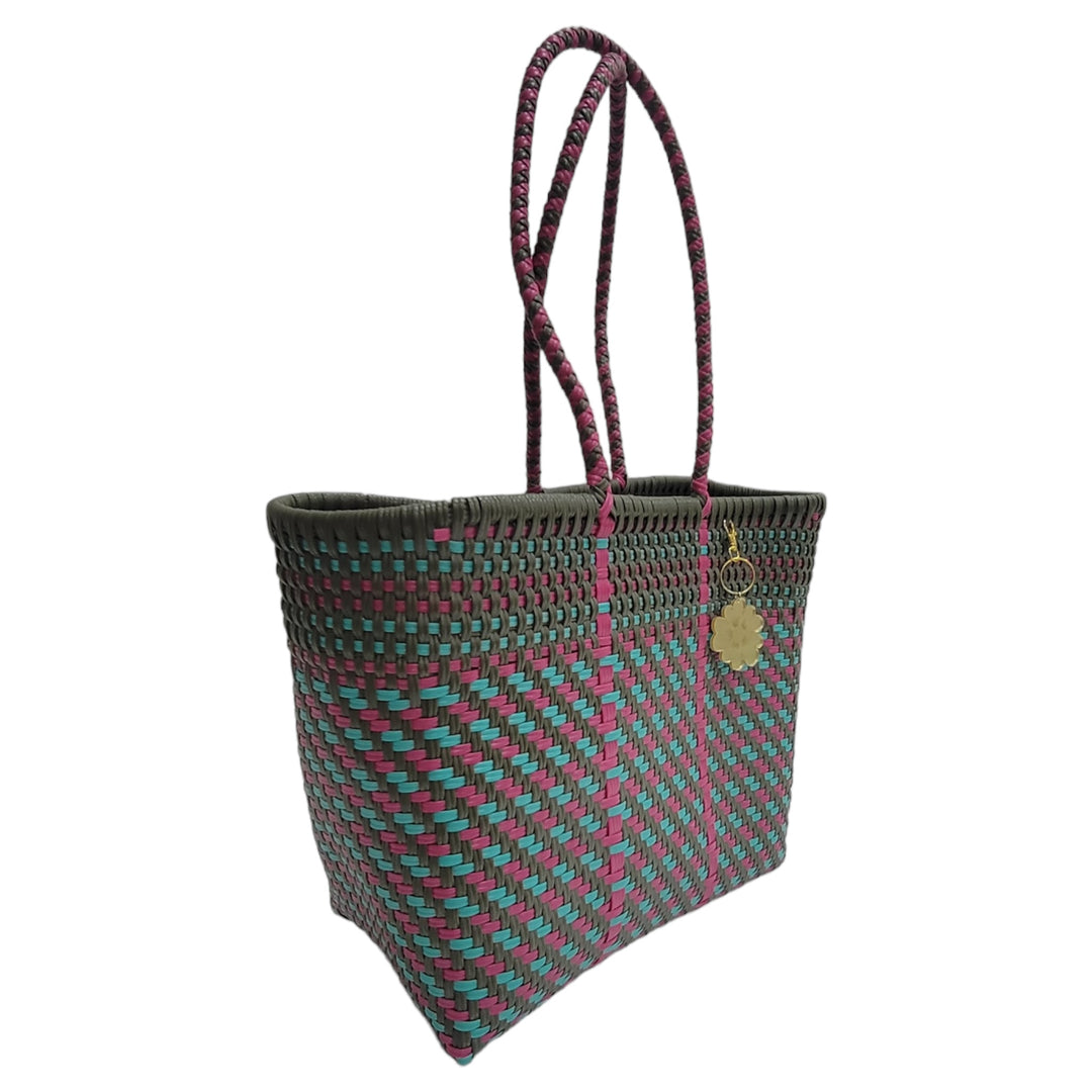 Green Olive, Pink & Turquoise Medium Tote | Handwoven Recycled Bags | Be Praia