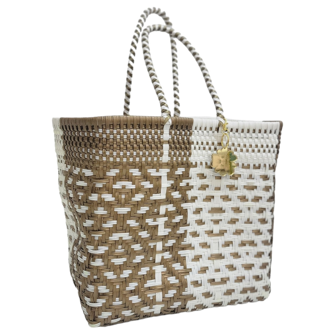 White & Gold Medium Tote | Handwoven Recycled Bags | Be Praia