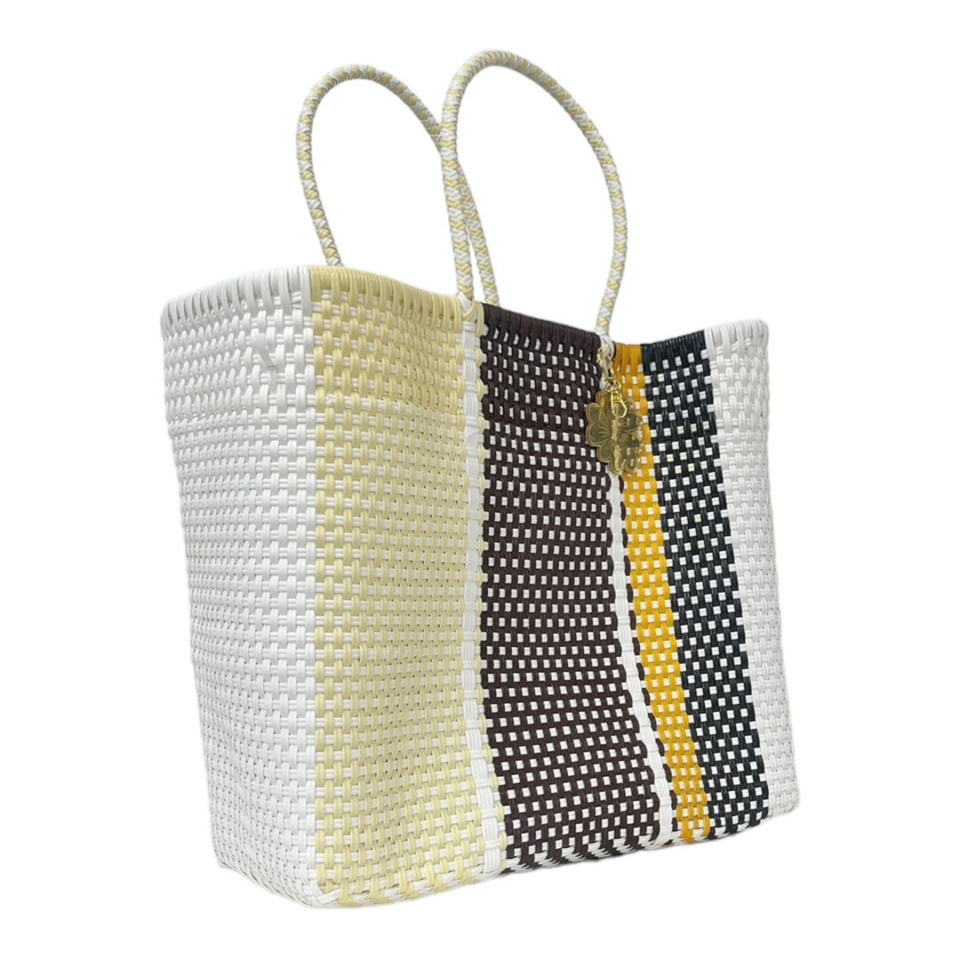 Cream, White, Brown, Black & Mustard Large Tote | Handwoven Recycled Bag | Be Praia