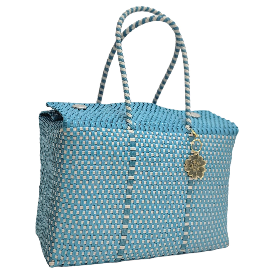 Turquoise and White XL Basket | Handwoven Recycled Bag | Be Praia