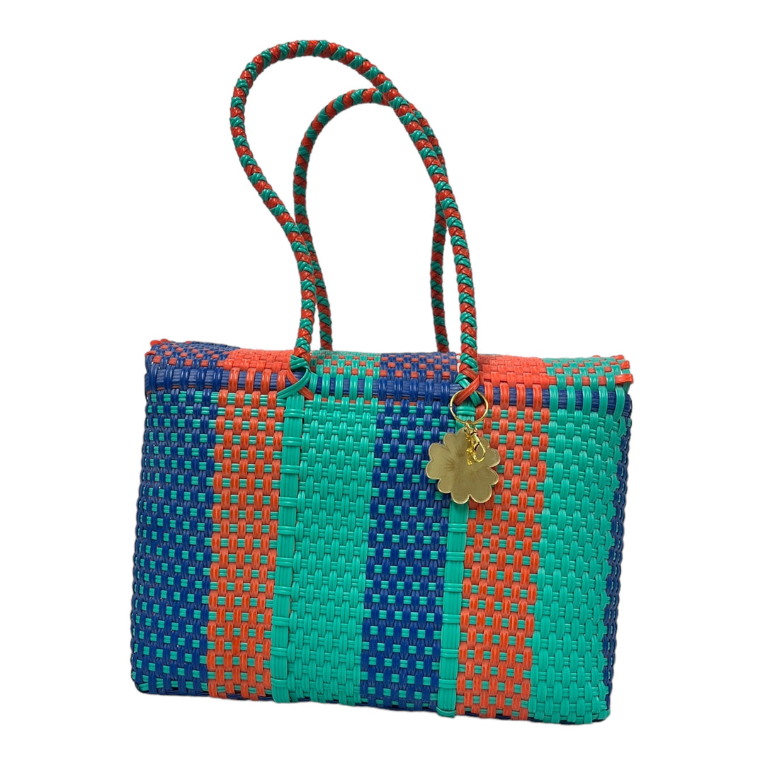 Mint, Royal Blue, Orange & Beige Large Basket | Handwoven Recycled Bag | Be Praia