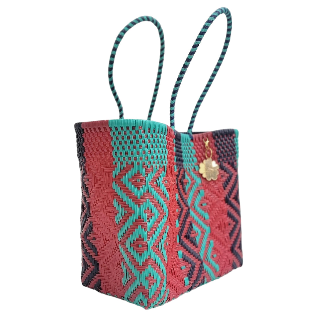 Mint, Red & Navy Blue Medium Tote | Handwoven Recycled Bags | Be Praia