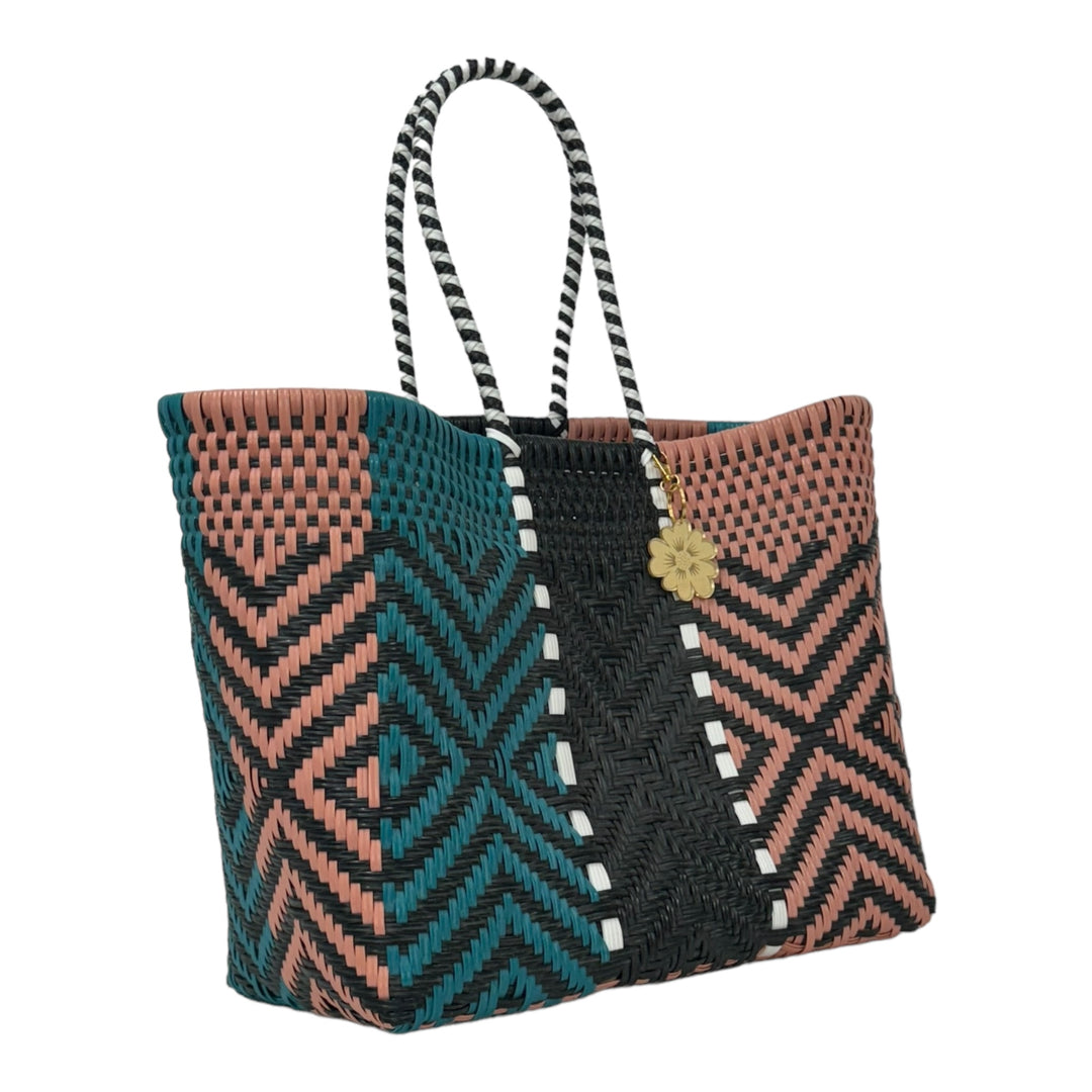 Turquoise, Black & Peach Medium Tote | Handwoven Recycled Bags | Be Praia