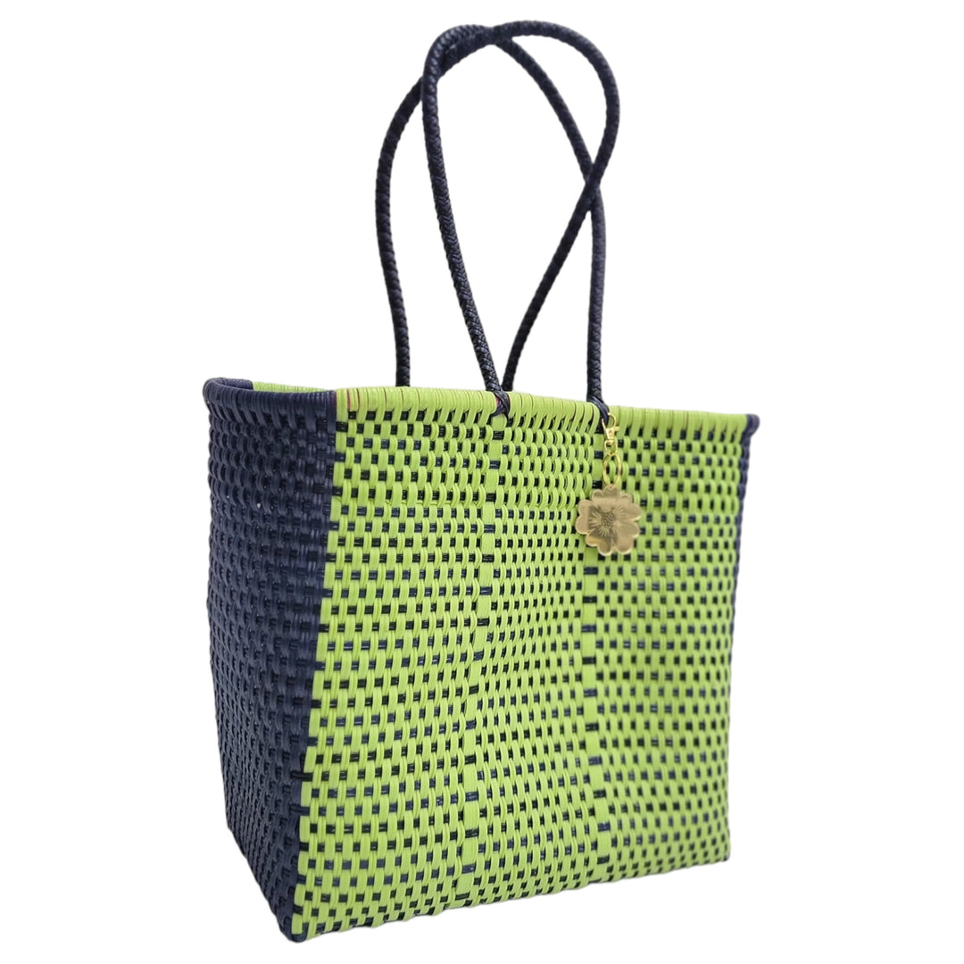 Navy Blue & Lime Medium Tote | Handwoven Recycled Bags | Be Praia