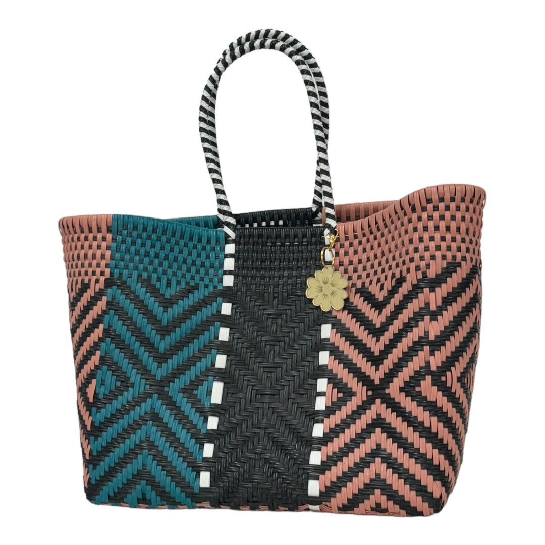 Turquoise, Black & Peach Medium Tote | Handwoven Recycled Bags | Be Praia