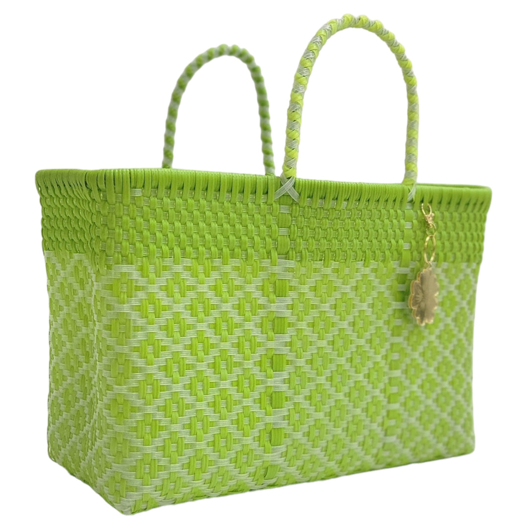 Lime Green & Clear Small Tote Short Handle | Handwoven Recycled Bags | Be Praia