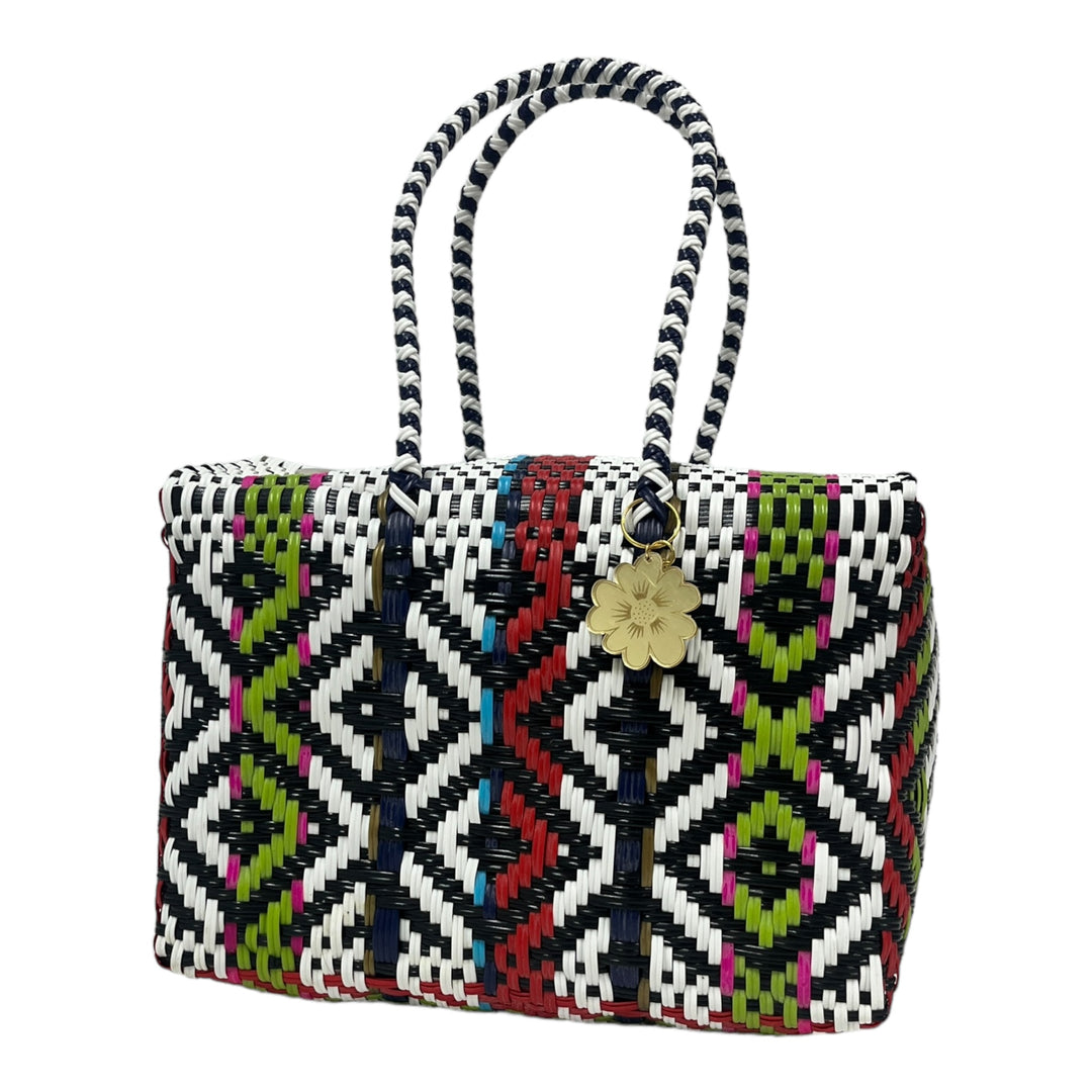 White, Black, Red, Green & Blue/Pink details Large Basket | Handwoven Recycled Bag | Be Praia