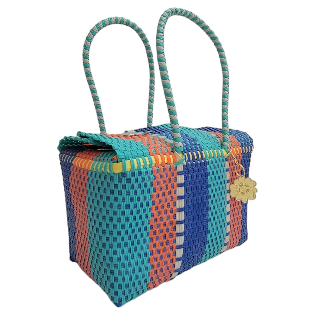 Mint, Royal Blue, Orange, Yellow & Beige Large Basket | Handwoven Recycled Bag | Be Praia