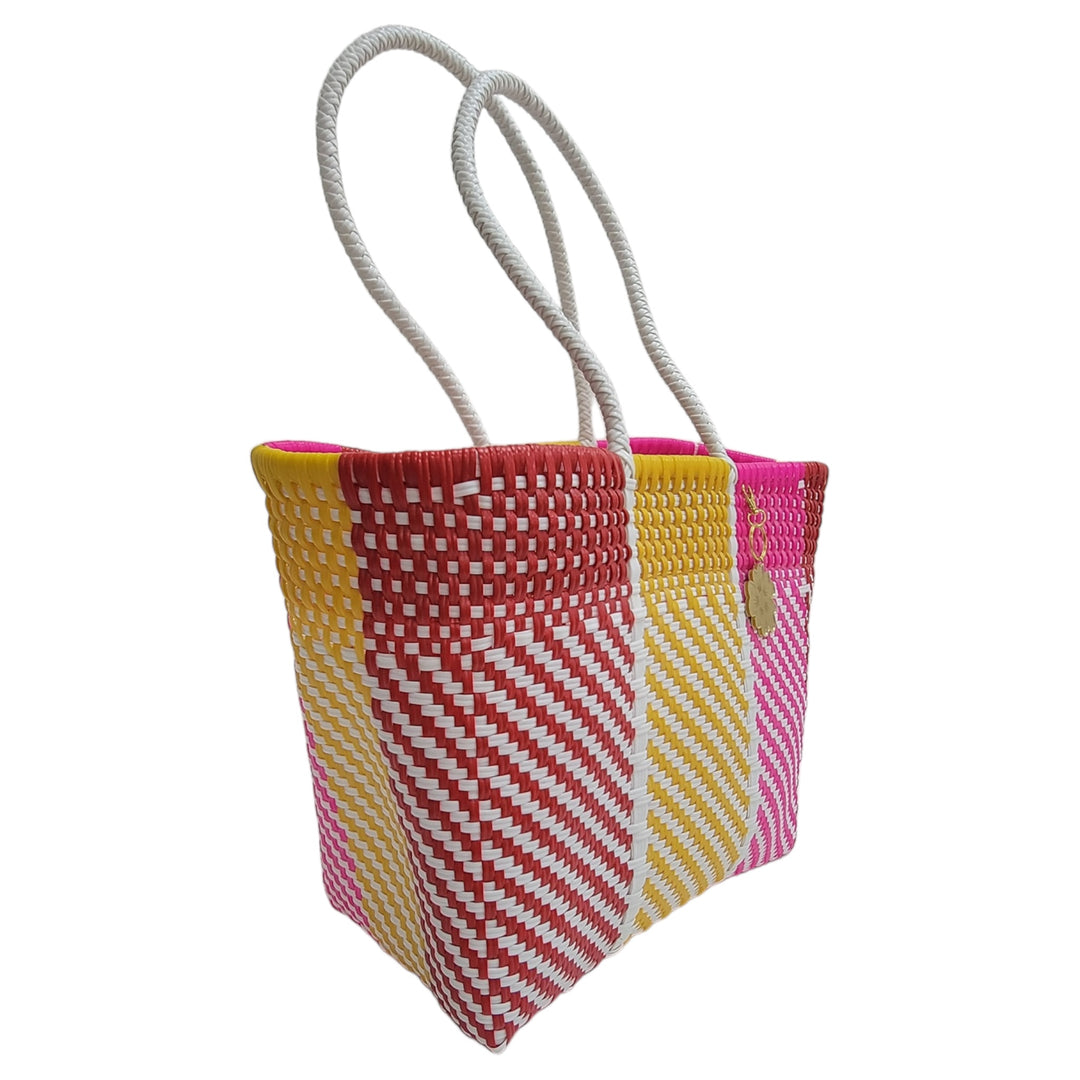 Yellow, White, Fushia & Red Medium Tote | Handwoven Recycled Bags | Be Praia