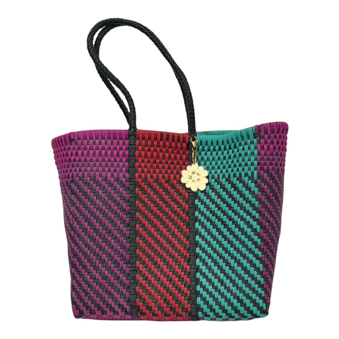 Magenta, Mint, Black & Red Medium Tote | Handwoven Recycled Bags | Be Praia