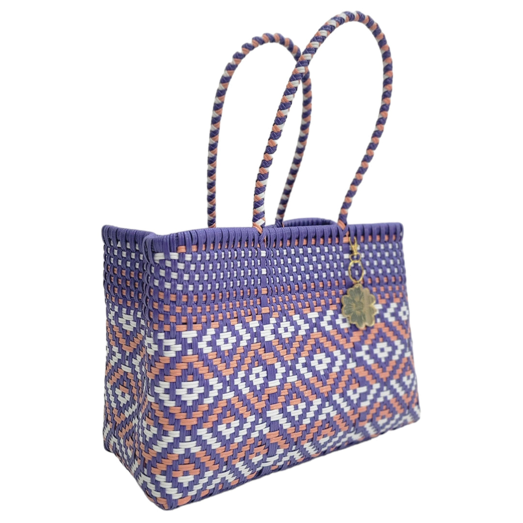 Violet, White & Salmon Small Tote Short Handle | Handwoven Recycled Bags | Be Praia