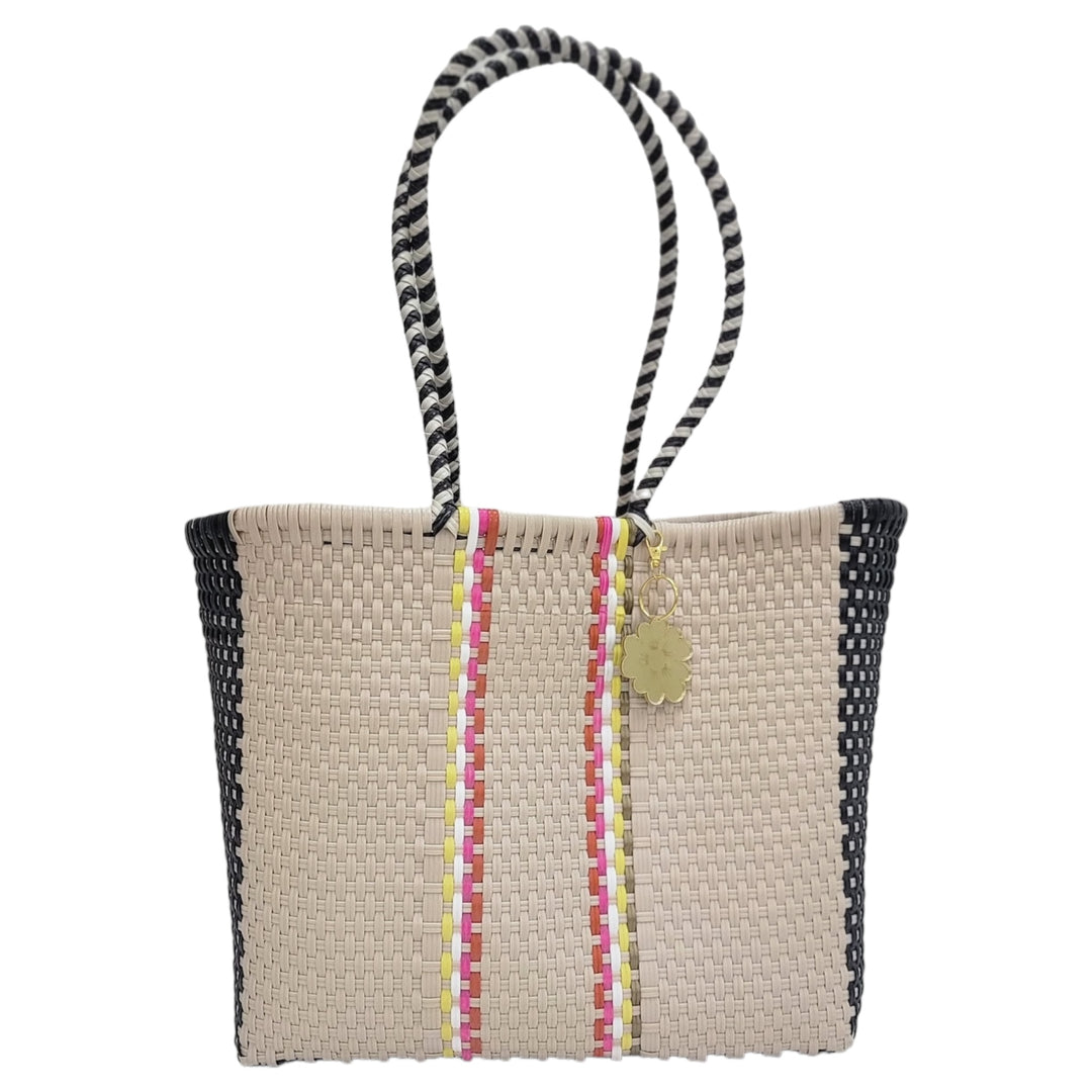 Cream, Black & Yellow, Pink, White, Gold Details Medium Tote | Handwoven Recycled Bags | Be Praia