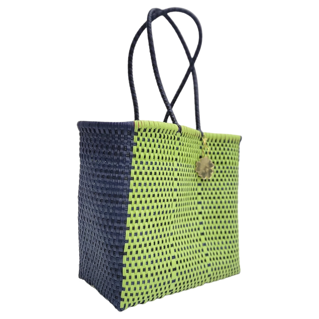 Navy Blue & Lime Medium Tote | Handwoven Recycled Bags | Be Praia