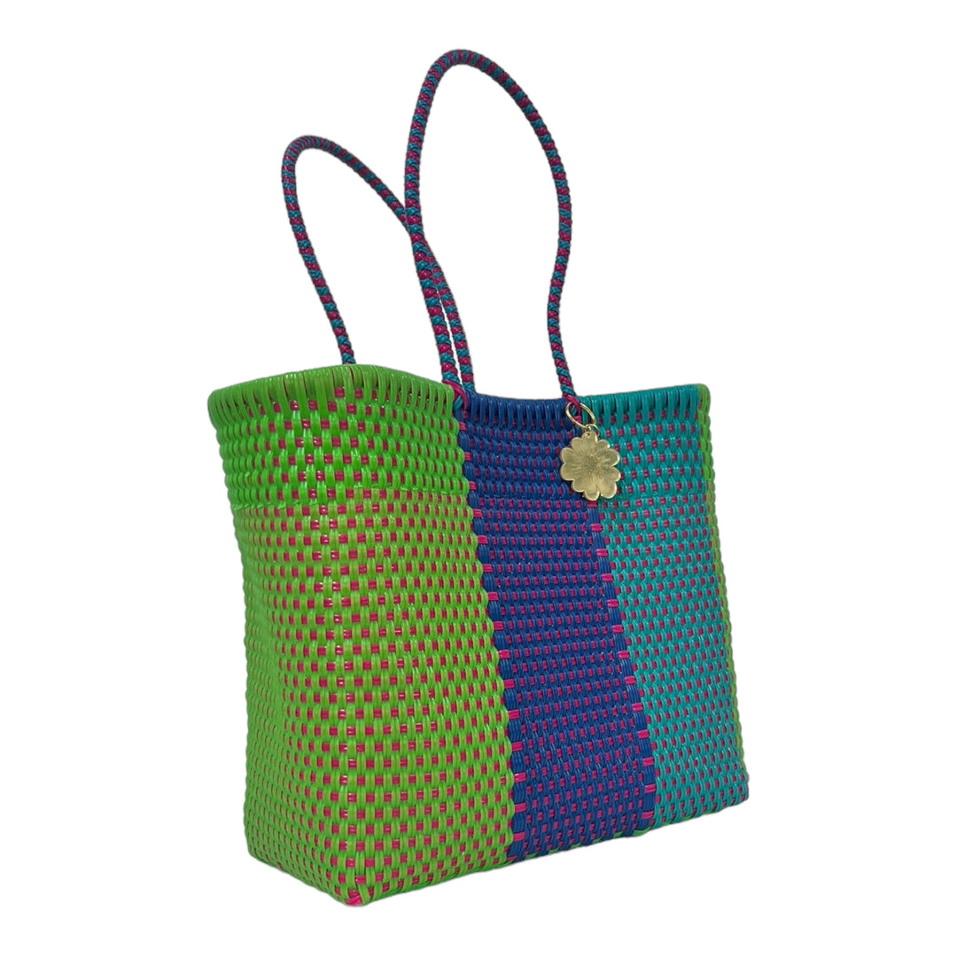 Neon Green, Royal Blue, Turquoise & Fuschia details Medium Tote | Handwoven Recycled Bags | Be Praia