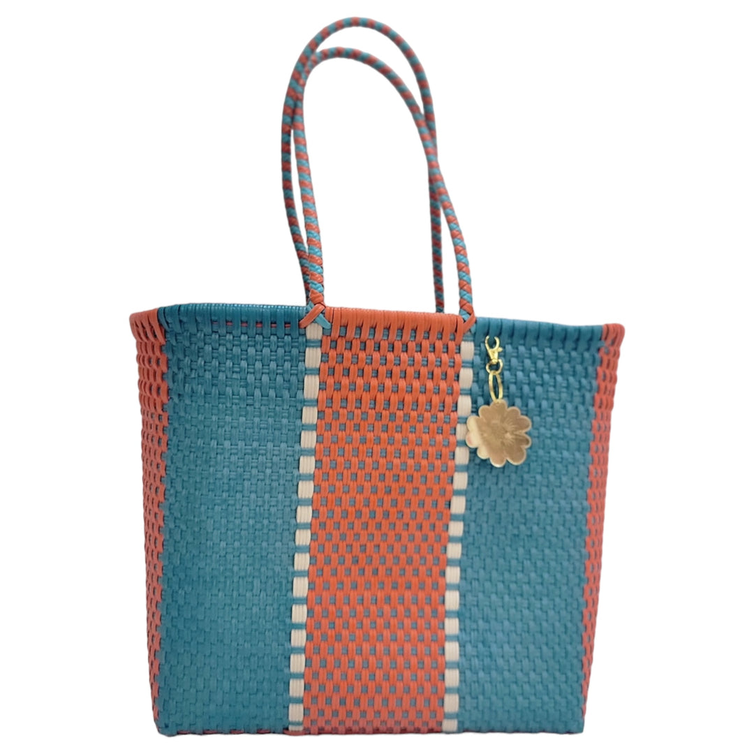 Orange, Turquoise & Cream Details Medium Tote | Handwoven Recycled Bags | Be Praia