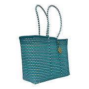 Turquoise & White details Large Tote | Handwoven Recycled Bag | Be Praia