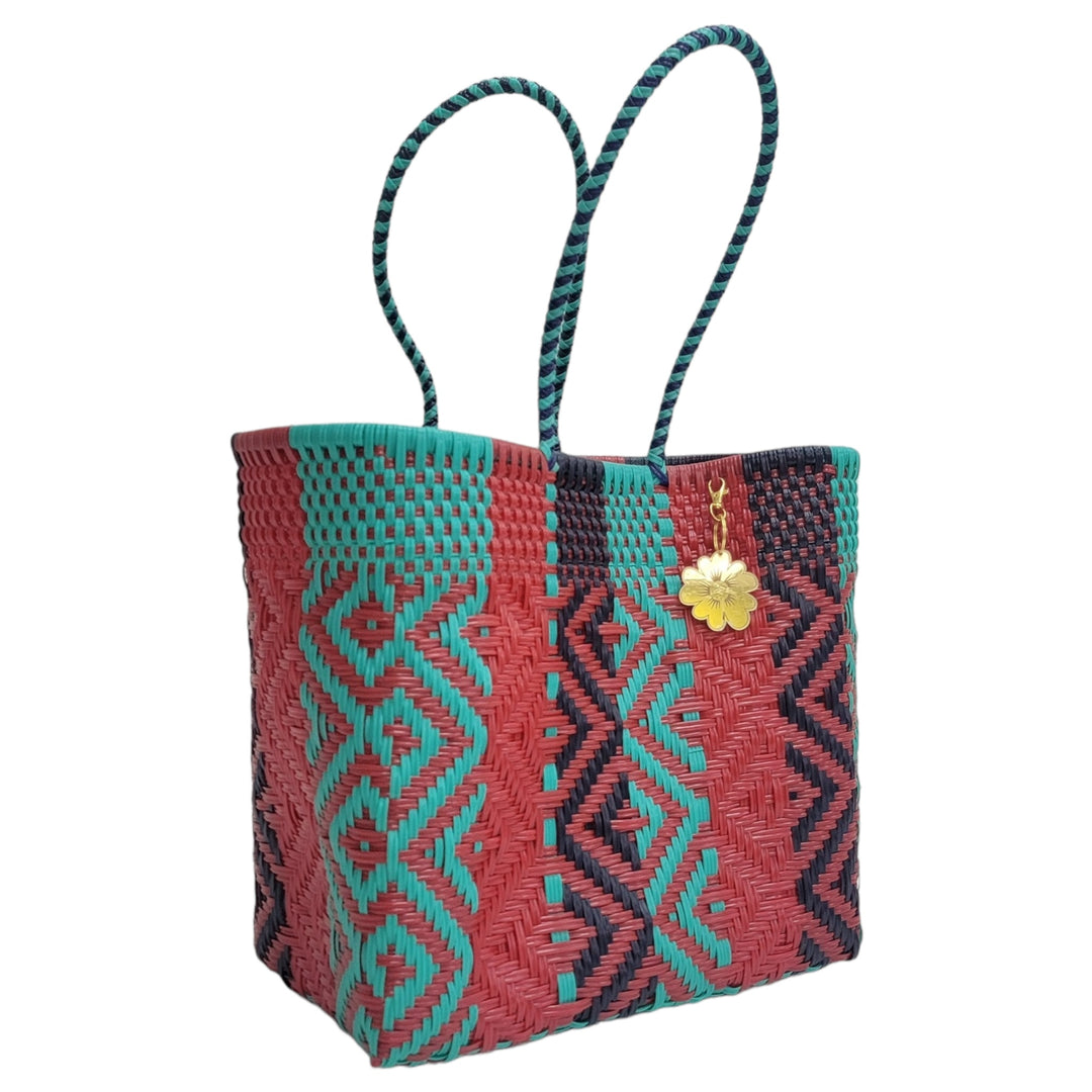 Mint, Red & Navy Blue Medium Tote | Handwoven Recycled Bags | Be Praia