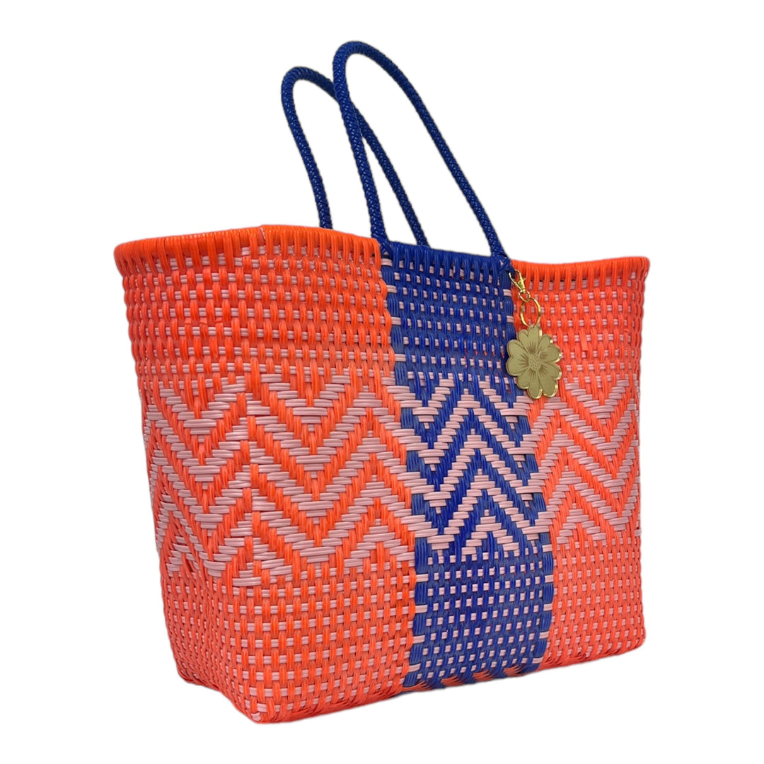 Neon Orange, Royal Blue and Peach details Large Tote | Handwoven Recycled Bag | Be Praia