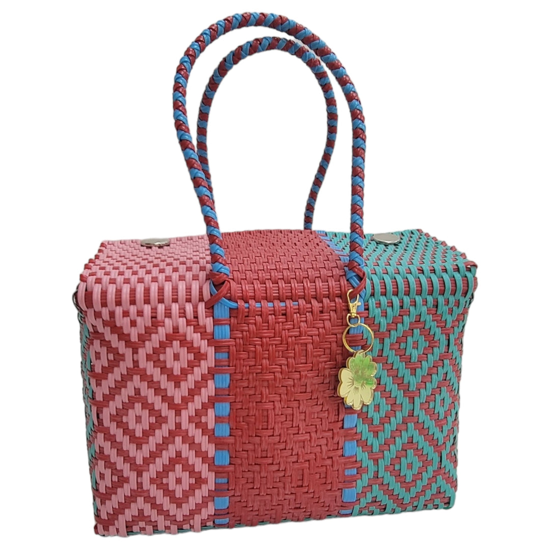 Red, Turquoise & Navy Blue XL Basket | Handwoven Recycled Bag | Be Praia