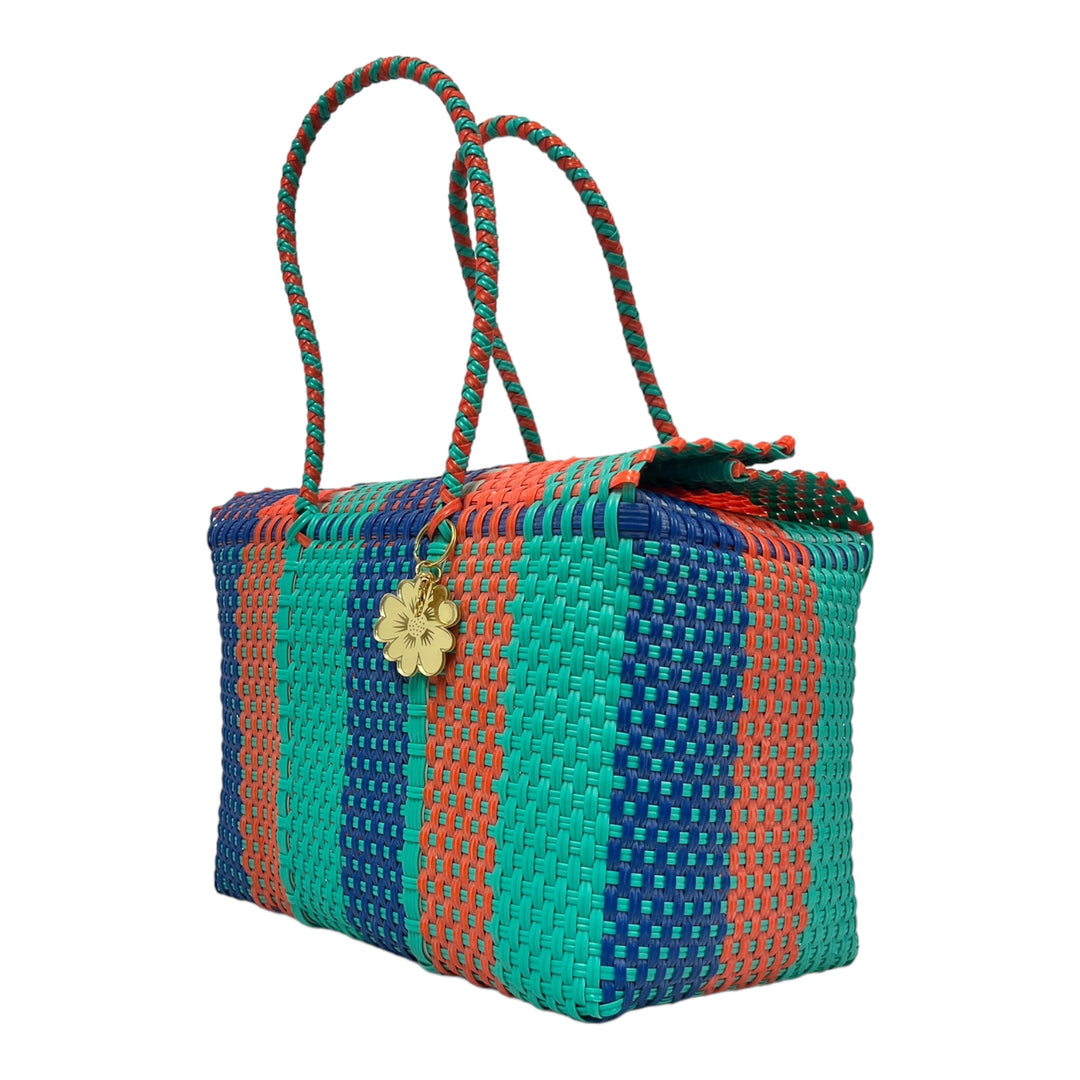 Mint, Royal Blue, Orange & Beige Large Basket | Handwoven Recycled Bag | Be Praia