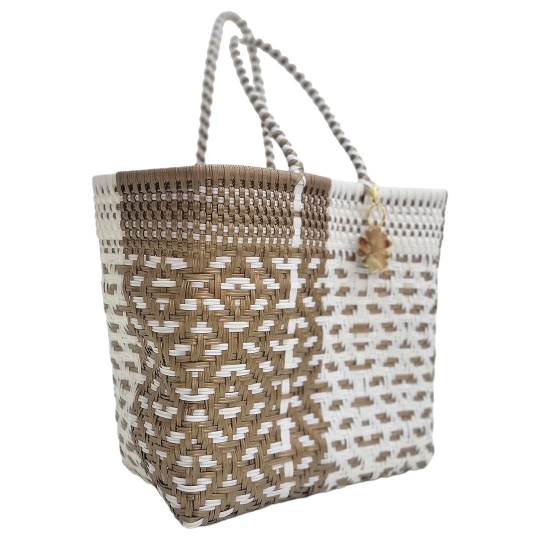 White & Gold Medium Tote | Handwoven Recycled Bags | Be Praia