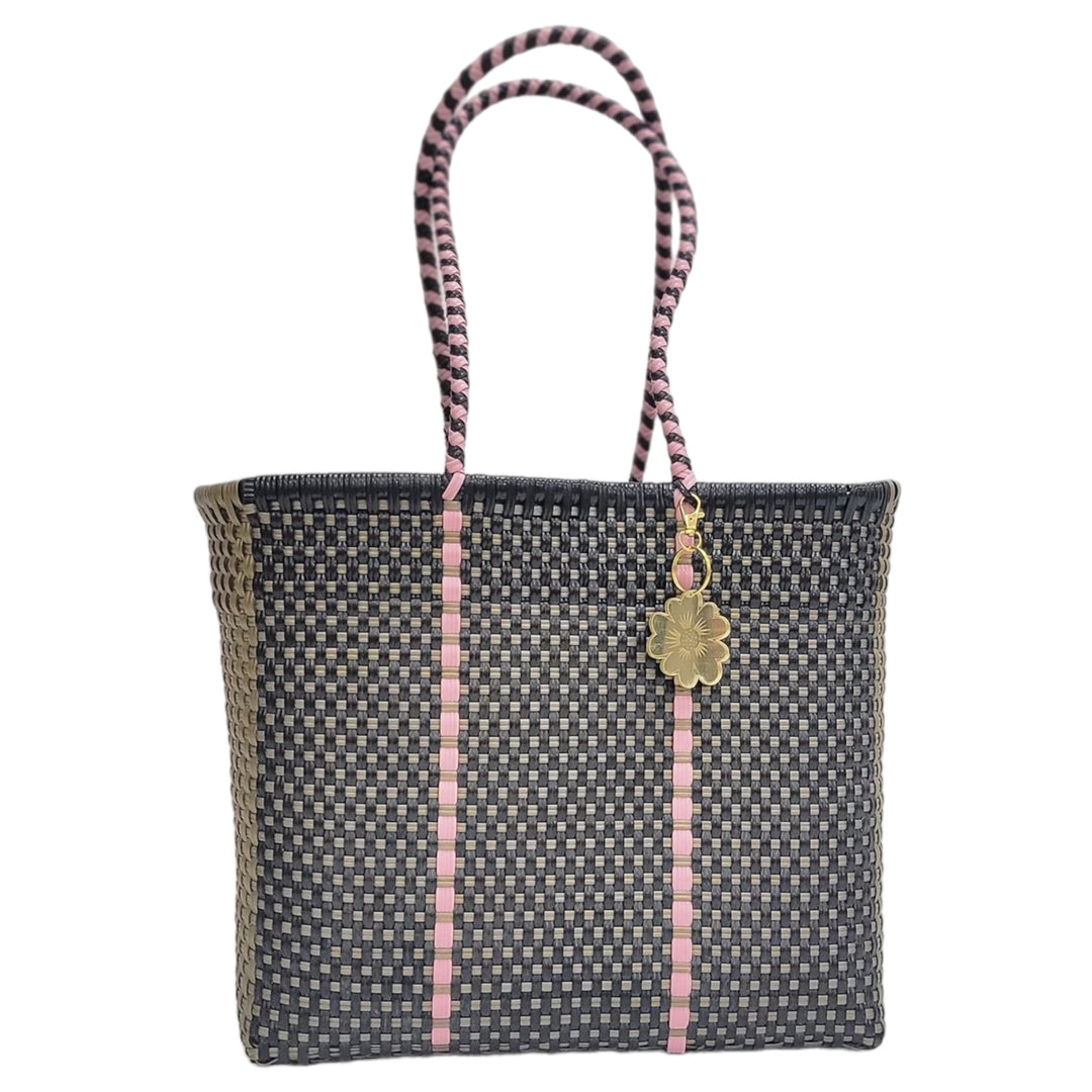 Black, Gold & Pink Details Medium Tote | Handwoven Recycled Bags | Be Praia