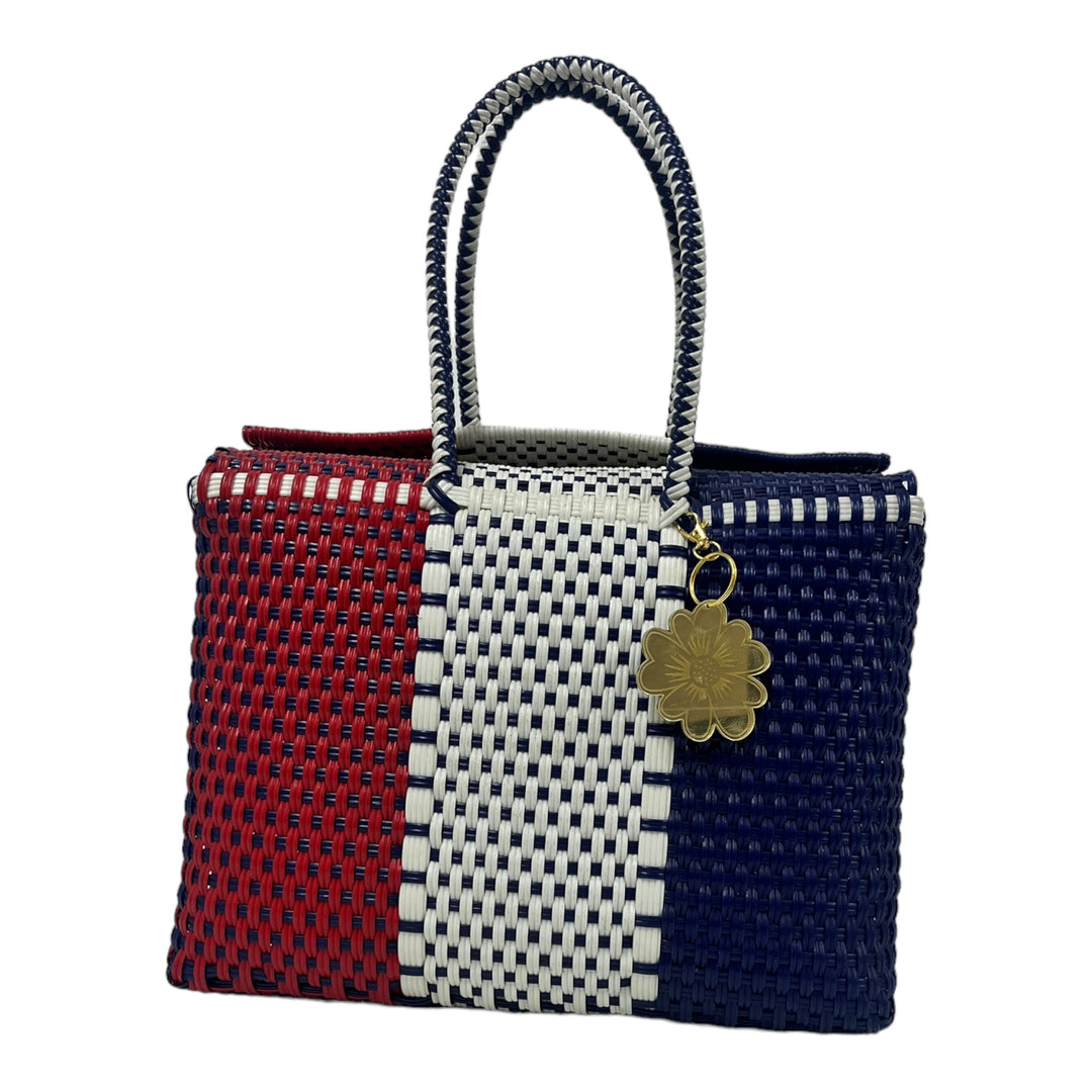 White, Navy Blue & Red Large Basket | Handwoven Recycled Bag | Be Praia